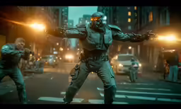 man in futuristic cyber outfit walking on a street with his arms outstretched