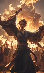 a woman in dress dancing in front of people