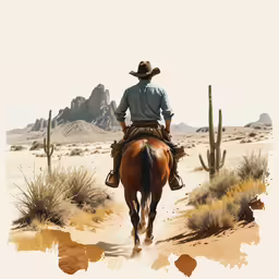 the man rides a horse through an arid desert