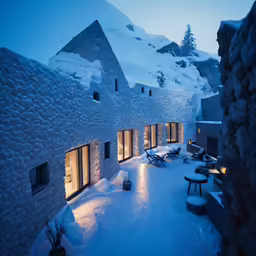 snow covered stone buildings with lighted windows and lights