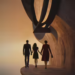 two people walking toward an artwork piece at sunset