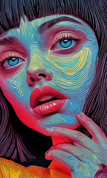 a woman is shown with a colorful background