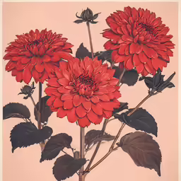 four red flowers are on the same branch as black leaves