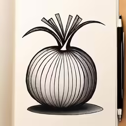 an onion on a notepad with a pen in it