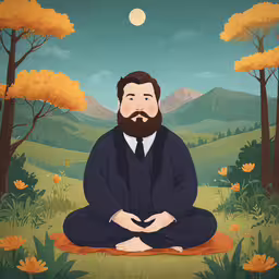 a man sitting on a mat in the middle of a forest,there is a man sitting in a meditation position