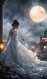 an artistic woman stands on a balcony in front of the moon
