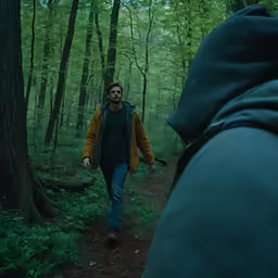 a man walking through the woods with a hood on