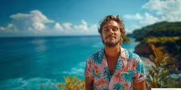 man with a beard standing on a cliff next to the water,the man is standing on top of a mountain near the ocean