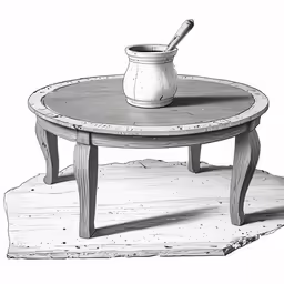 a drawing of a wooden table with a wooden mortar and pepper pot on top