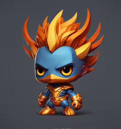 a stylized image of an evil hero character,a cute looking blue and yellow character