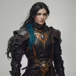 a woman in black and blue hair standing next to a wall