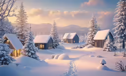 some houses are in the snow and trees