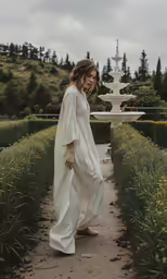 a woman in a long flowing white dress walking away