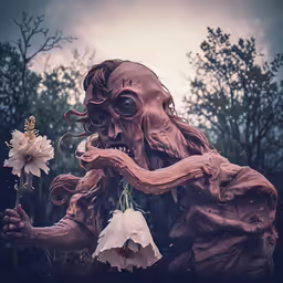 a creepy zombie holding a flower while standing in a field