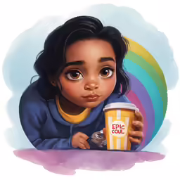 a drawing of a little girl with a cup of coffee