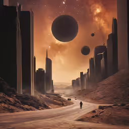 two people on a road with multiple objects in the sky