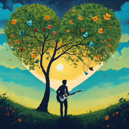 a person holding a guitar under a tree,a painting of a man playing guitar next to a heart shaped tree