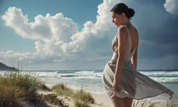 there is a woman standing on the beach looking into the distance