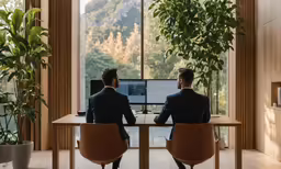 two men in suits sitting at a table