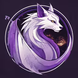 the white fox with a purple stripe on its back,a white and purple wolf with yellow eyes