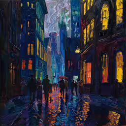 a painting of a city street with people holding an umbrella,the painting is on canvas of a busy city street