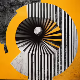 a black and white abstract drawing on a yellow background