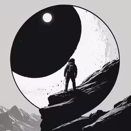 a drawing of a man standing on top of a mountain,a man standing on top of a mountain under a moon filled sky