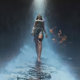 a woman walking across a lush green forest