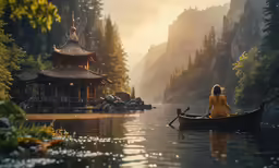 a woman wearing a yellow dress is rowing a boat across a body of water