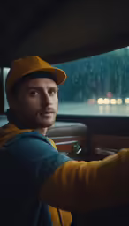 a man driving a car while wearing a yellow hat