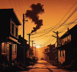 a road that is lined with buildings and a factory,an industrial area with telephone lines above the alley way