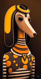 an ancient sphinx dog in costume is wearing a striped dress