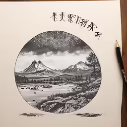 the mountain scene features a lake and stars