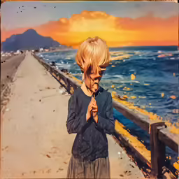 the painting shows a boy standing on the side of a pier looking down at the ocean