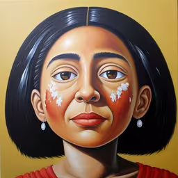 a painting depicting a woman with eclairs painted all over her