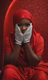 a woman in red is posing for a photograph