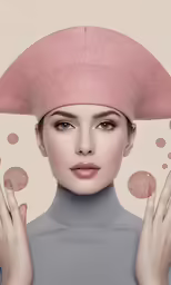 a woman with pink hair and large circles on her head