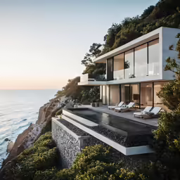 a house with the ocean and mountains behind it