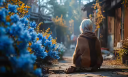 a woman in a brown coat and a blue flower