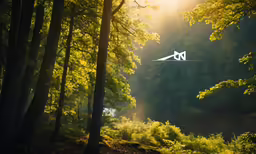 a white kite is flying over a forest