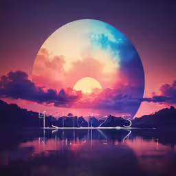 a picture with the sun and sky in it,a huge ball floating on top of a lake surrounded by mountains