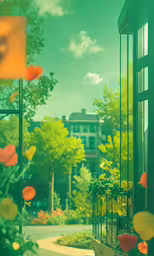 view of outdoor room with garden outside, window open and potted plants in the foreground,there are plants in the window and flowers outside