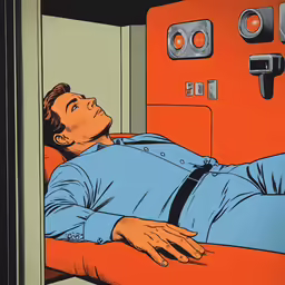 a cartoon painting of a man laying in front of an orange locker