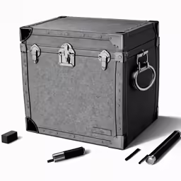 an old fashioned suitcase and other items are lying next to it
