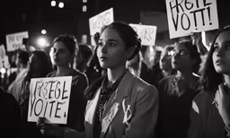black and white photograph of people holding signs