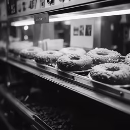 black and white photograph of donuts being displayed in a store