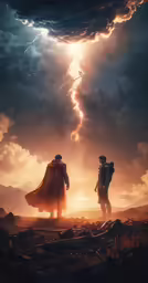 a poster of two people under a big lightening
