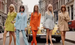 three models stand next to a yellow minivan