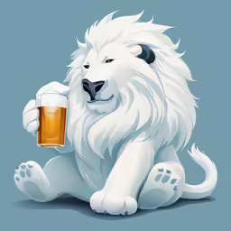 a large white lion sitting on the floor drinking from a mug