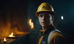 a man in a hardhat stands next to a fireplace